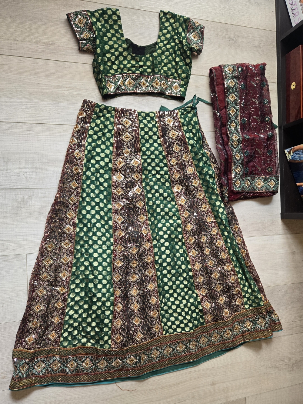 Indian Pakistani Green Maroon Bronze Gold Lehenga Skirt with Blouse Size S